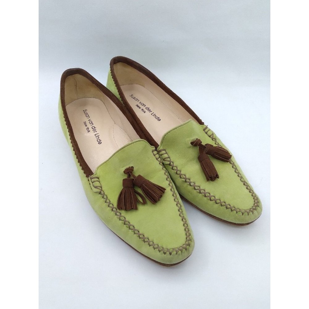 Susan Van Der Linde New York Green Tone Suede Leather Tassel Loafers 38.5  US 8